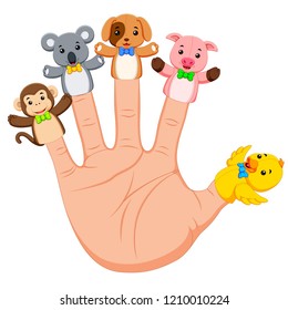 vector illustration of hand wearing 5 animal finger puppets