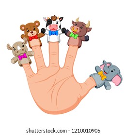 vector illustration of Hand wearing cute 5 finger puppets