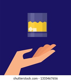 Vector illustration of a hand and whiskey glass. Drinking Concept. Alcohol drink design