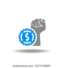 Vector illustration of hand up winner gesture and coin. Icon of inflation reduction. Symbol of strengthening, consolidation money.