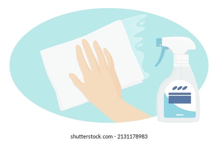 Ilustración vectorial del lavado de manos con paño y frasco de pulverización de limpieza.