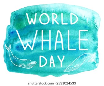 Mano de Ilustración vectorial Día Mundial de la Ballena. Dos ballenas azules y una letra hecha a mano para el icono, logotipo, insignia, tarjetas, cartel, Anuncio