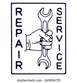 Vector illustration of a hand with a wrench. Label of a repair service.