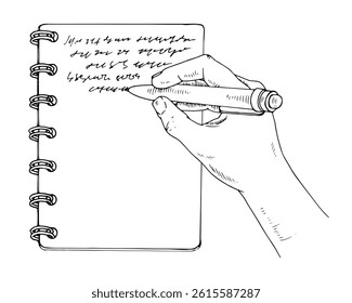 Vector illustration of a hand writing in a notebook. Detailed line art sketch featuring a planner, pen and paper, symbolizing journaling, studying, office work. For stationery and education concepts