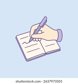 Vector illustration of a hand writing in an open notebook with a pen. Minimalist design in pastel colors