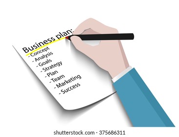 Vector illustration of hand writing a Strategy word on a paper with hand drawn finance related elements