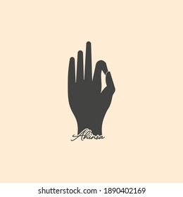 Ilustración vectorial de Hand y Ahinsa escrito que significa no violencia. Vector de cartel