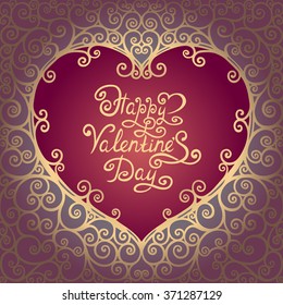 vector illustration, hand written Happy valentines day lettering with decorative curly heart frame