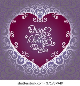 vector illustration, hand written Happy valentines day lettering with decorative curly heart frame
