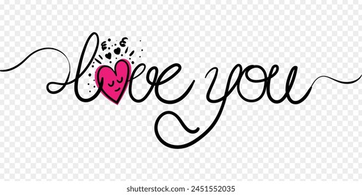Vector illustration of Hand written love you calligraphy with pink heart on transparent background
