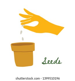Vector Illustration of a Hand in a Yellow Rubber Glove Planting Seeds in a Pot. Hand Draw Doodle Style. Garden hands grow vegetables. Home garden