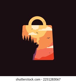 Vector illustration of a handbag with a mountain landscape on the background.