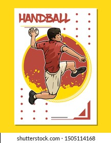 Vector illustration of handball player jumping and ready to throw the ball. Handball sport poster on abstract background