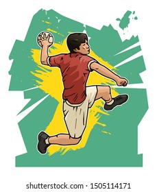 Vector illustration of handball player jumping and ready to throw the ball. Handball sport poster on abstract background