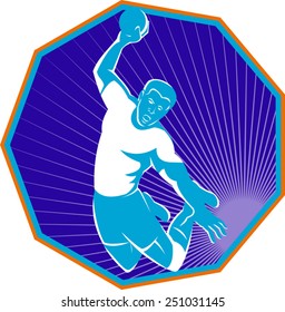 vector illustration of a handball player jumping throwing ball taking the shot set inside hexagon done in retro style.