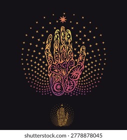 A vector illustration of a handbreadth, composed of patterns framed by radiating small stars. Suitable for printing and embroidery. Finished artwork.