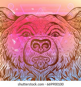 Vector illustration handcrafted bear. Watercolor background mesh texture. Boho hipster tattoo style. Decorative template invitation
