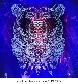 Vector illustration handcrafted bear. Watercolor background beautiful texture. Boho hipster tattoo style. Decorative template invitation. Geometric sacred fashion trend