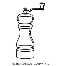 Vector illustration of a hand-cranked pepper grinder, a detailed outline drawing of a vintage kitchen utensil with a classic design.