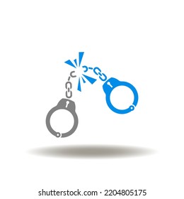 Vector Illustration Of Handcuffs Broken. Icon Of Prisoner Release. Symbol Of Liberation, Freedom, Protest. Sign Of Broken Propaganda.