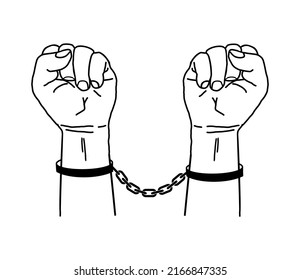 Vector illustration of handcuffs on the hands on white background.