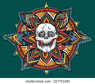 Vector illustration, hand-drawing. Colorful pattern with skull. On a green background.