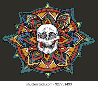 Vector illustration, hand-drawing. Colorful pattern with skull. On a dark background.