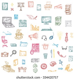 Vector illustration, hand-drawing. Icons on a theme - business. Colored on a white background.