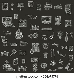 Vector illustration, hand-drawing. Icons on a theme - business.White on a black background.