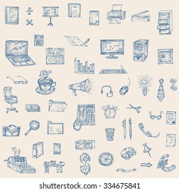 Vector illustration, hand-drawing. Icons on a theme - business.Blue on a light background.