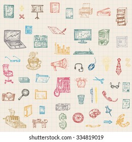 Vector illustration, hand-drawing. Icons on a theme - business. Colored background on the cell.