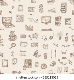 Vector illustration, hand-drawing. Icons on a theme - business.Seamless pattern.Brown on a light background.