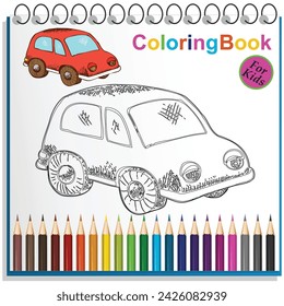 Vector illustration: Hand-drawing isolated red retro car with luggage on the roof on white background.