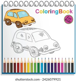 Ilustración vectorial: Dibujo a mano aislado coche retro amarillo con equipaje en el techo sobre fondo blanco.