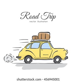 Vector illustration: Hand-drawing isolated yellow retro car with luggage on the roof on white background.