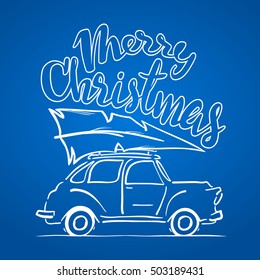 Vector illustration: Hand-drawing moving  retro car with Christmas tree on the roof isolated on blue background. Sketch line design. Merry Christmas