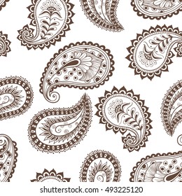 Vector illustration hand-drawing seamless pattern paisley Indian cucumber style. Oriental backdrop textile background. Floral ornament Coloring for adult.