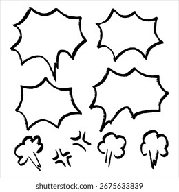 Ilustração vetorial de bolhas de quadrinhos irritados desenhadas à mão e efeitos de emoção de rabiscar. Inclui balões de fala explosivos, marcas de raiva e nuvens de vapor. Perfeito para quadrinhos, mangá, cartazes, adesivos, etc.