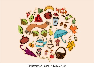 Vector illustration of handdrawn autumn and thanksgiving objects on pink textured background. For greeting, invitation, poster, banner, promotion, book for children.