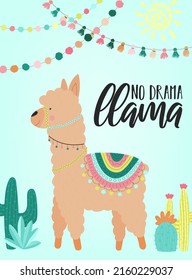 Vector illustration of a hand-drawn beige alpaca in national South American clothing with decorations, cacti, inscription No drama llama. Image for children, textiles, clothing, cards, invitation.