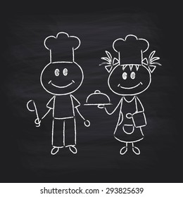 Vector illustration of hand-drawn boy and girl on chalkboard. Occupation cook.