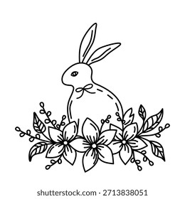 Vector illustration of a hand-drawn bunny surrounded by detailed flowers and leaves. A cute and elegant Easter-themed design.