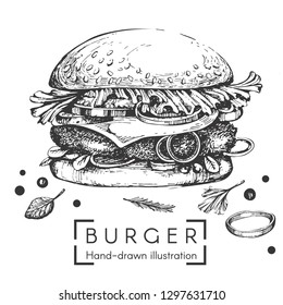 Vector illustration with hand-drawn burger on the white background.