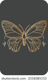 Ilustração vetorial, borboletas desenhadas à mão. Sinal místico abstrato.Padrões do céu no estilo de gravuras antigas. Conjunto vetorial de símbolos geométricos e naturais sagrados sobre um fundo preto. Colo abstrato