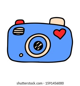 Vector illustration. Hand-drawn camera in Cartoone style. Black and white contour design element for Valentine's Day. The object is isolated on a white background.