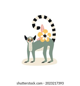vector illustration hand-drawn cartoon character animal lemur with flower, Abstract doodle elements isolated on white.
Cute safari animal