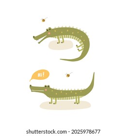 vector illustration hand-drawn cartoon character animal green crocodile, abstract doodle elements isolated on white. Cute safari animal