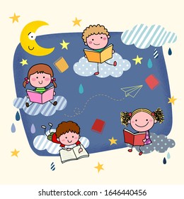 Vector illustration of hand-drawn cartoon kids reading books on the clouds at night.