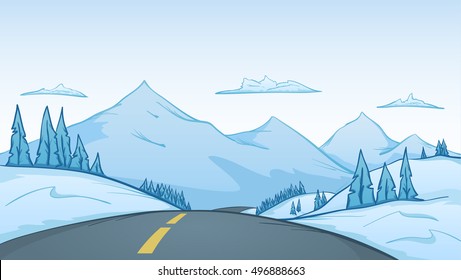 Ilustración del vector: Dibujo a mano paisaje invernal con caminos en primer plano y montañas en segundo plano.
