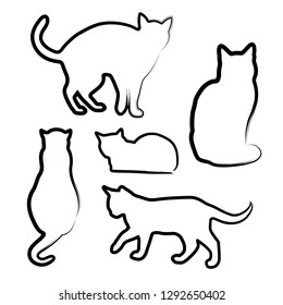 Vector Illustration Handdrawn Cats Silhouette. Black Linear Cat Design Set.